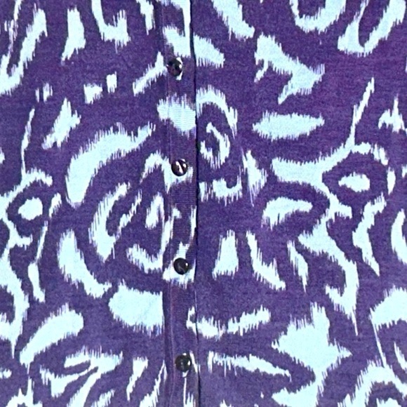Boden 100% Wool Button-Up Cardigan in Purple & Blue Swirls w/ Suede Placket, 6 - Picture 8 of 16